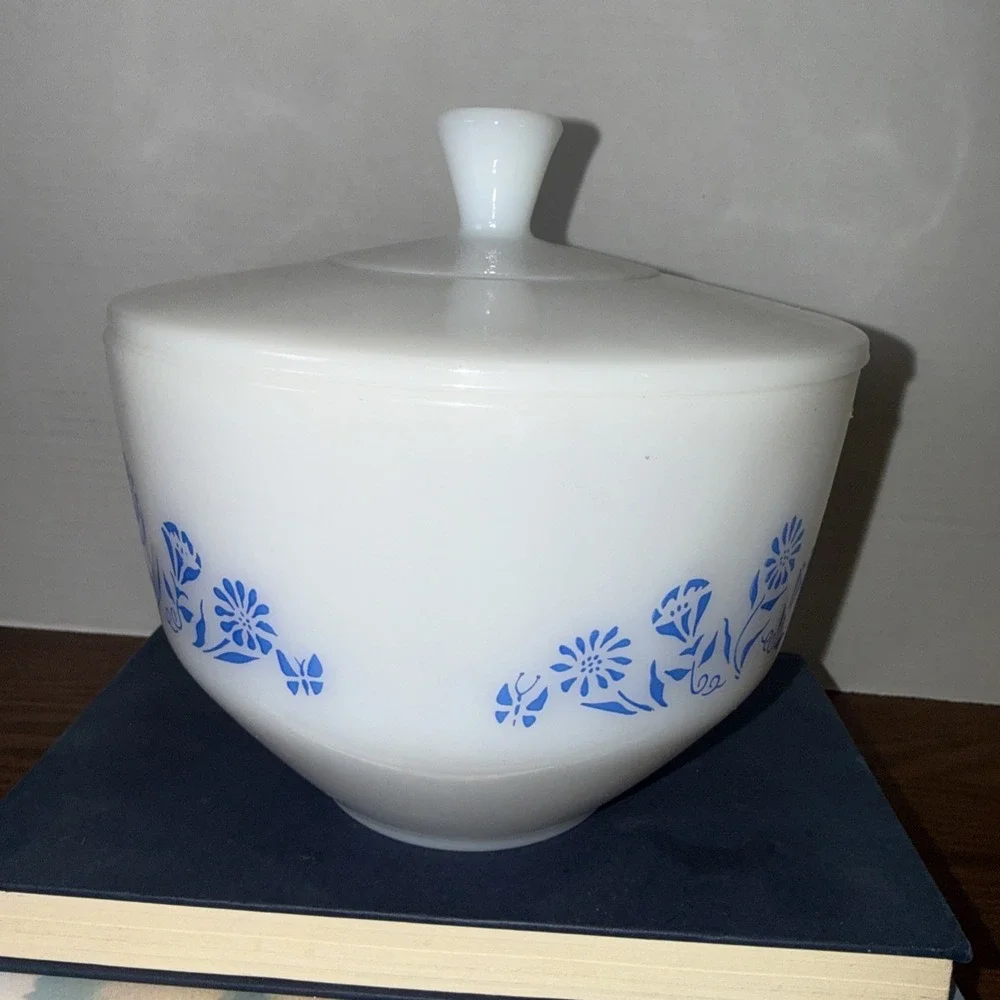 Vintage 1950's 60's Federal Glass White Milk Glass Blue Flower & Butterfly Cover